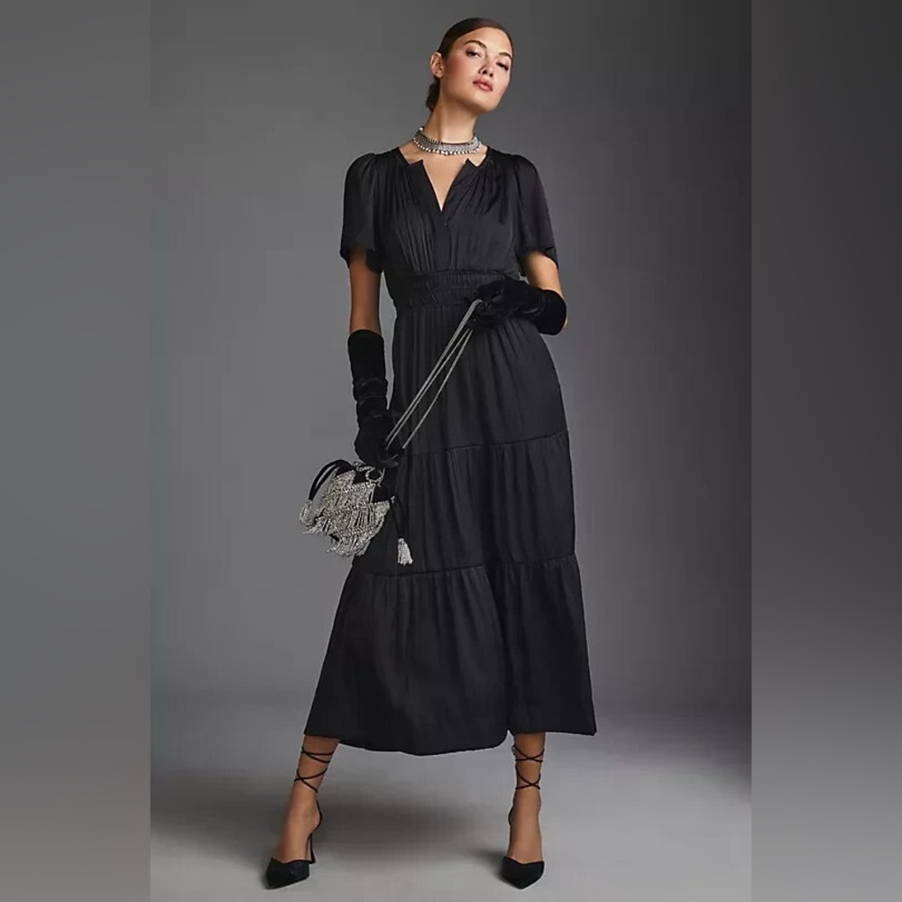 Anthropologie Somerset Satin Maxi Dress in Black (Size Small)